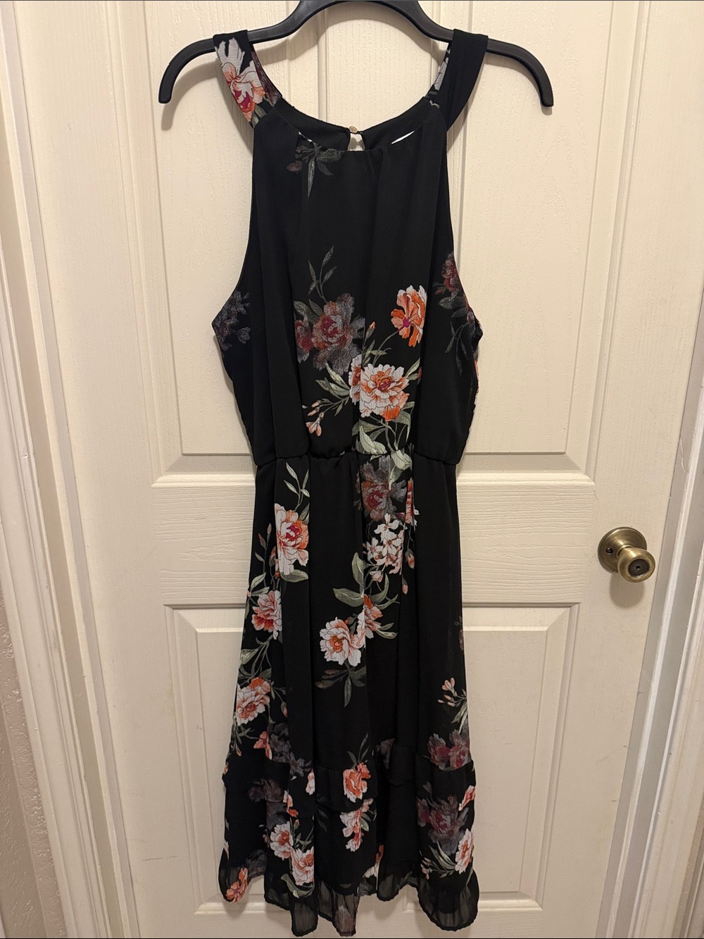 Xhilaration Black Floral Halter Midi Dress with Pink & Orange Blooms